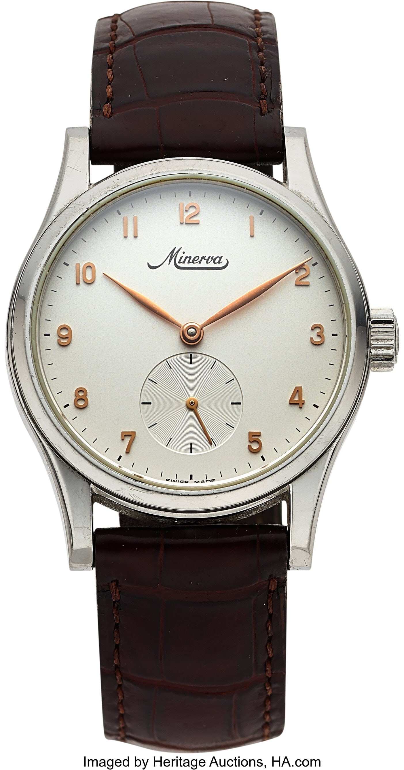 Minerva Stainless Steel Wrist Watch Case: 35mm: Minerva Stainless Steel Wrist Watch Case: 35mm, Stainless steel, 3 body case with see-through case back Dial: Silver with rose Arabic numerals, Dauphine style Movement&co
