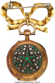 13063: Emerald Diamond Gold Pendant Watch 18K Yellow An