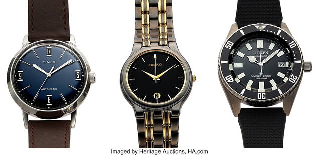 3 Lot Of Wrist Watches including Seiko PVD Quart: 3 Lot Of Wrist Watches including Seiko PVD Quartz 33mm&comma; Timex Marlin Mechanical 40mm Automatic Arabic &lpar;Partial&rpar; Dial&comma; Citizen Promaster Super Titanium 41mm Automatic Movement Cas