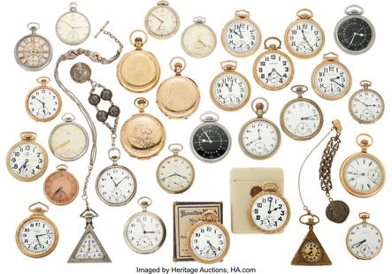 Thirty Pocket Watches Gold Filled and Silver Ca: Thirty Pocket Watches Gold Filled and Silver Cases. Two Swiss Masonic. Nine Omega watches, one 21 jewel Santa Fe special, one 60 hour 21 jewel Bunn Special, 4 Hamilton