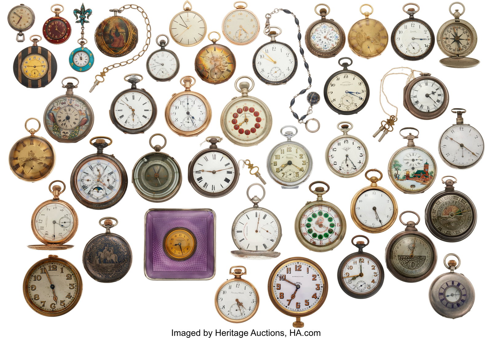 Forty-One Unusual Swiss Pocket Watches Lot incl: Forty-One Unusual Swiss Pocket Watches Lot includes a large gun metal moonphase/calendar, a gold filled chronograph with register, 2 International Watch Co., a large doubl