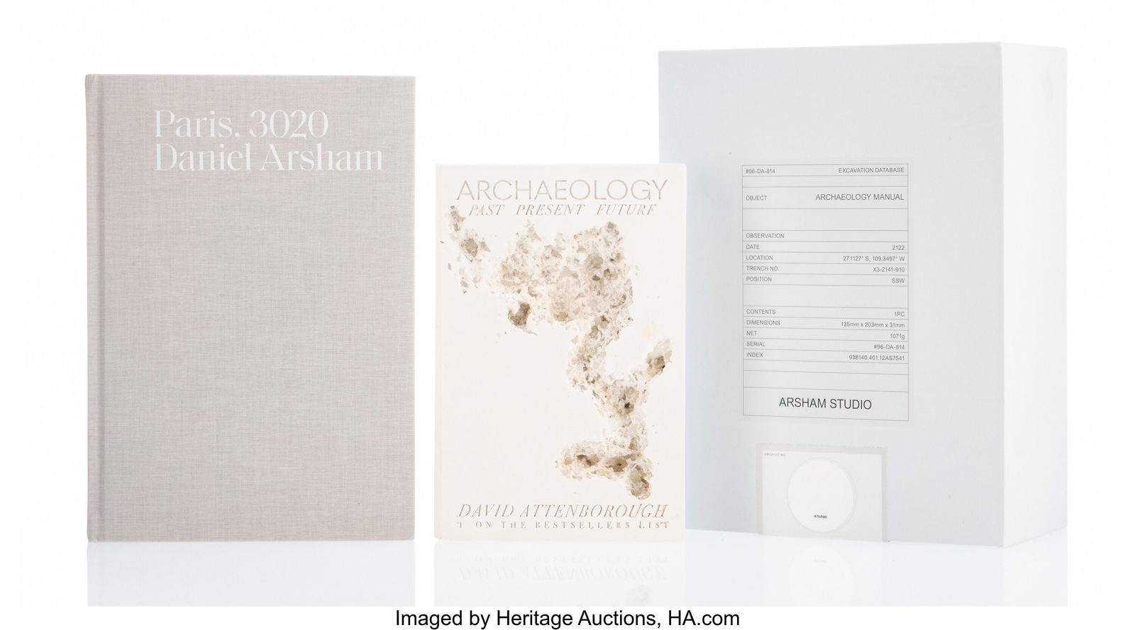 Daniel Arsham (b. 1980) Fictional Nonfiction: Ar: Daniel Arsham (b. 1980) Fictional Nonfiction: Archaeology; Paris 3020 (two works), 2019 Hydrostone with quartz crystals and hardcover book 8 x 5 x 1-1/2