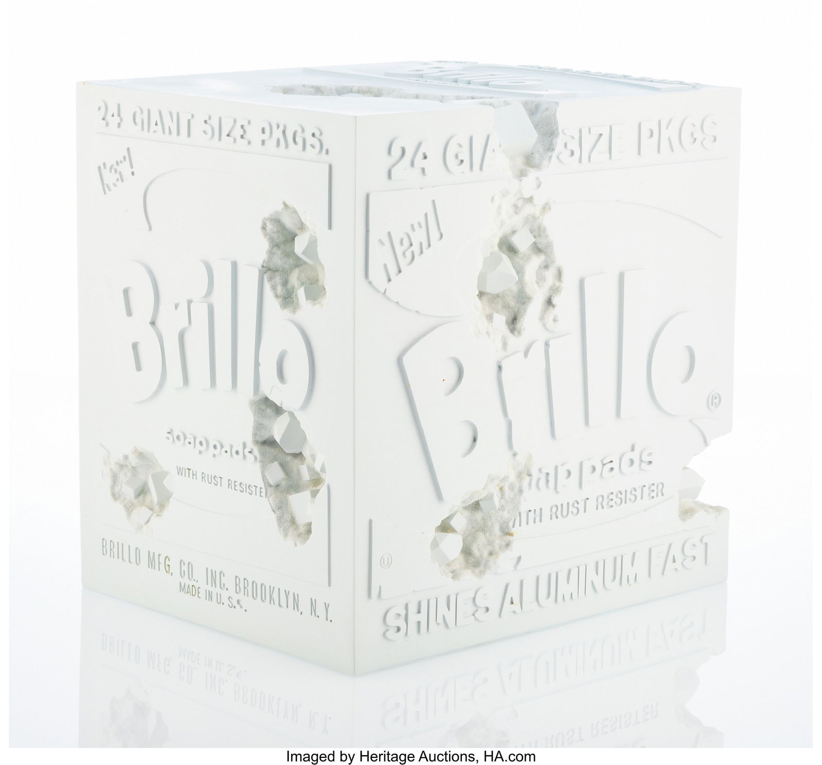 Daniel Arsham (b. 1980) Eroded Brillo Box (Blue): Daniel Arsham (b. 1980) Eroded Brillo Box (Blue), 2020 Hydrostone with quartz crystals 9-3/4 x 9-3/4 x 9-3/4 inches (24.8 x 24.8 x 24&pe