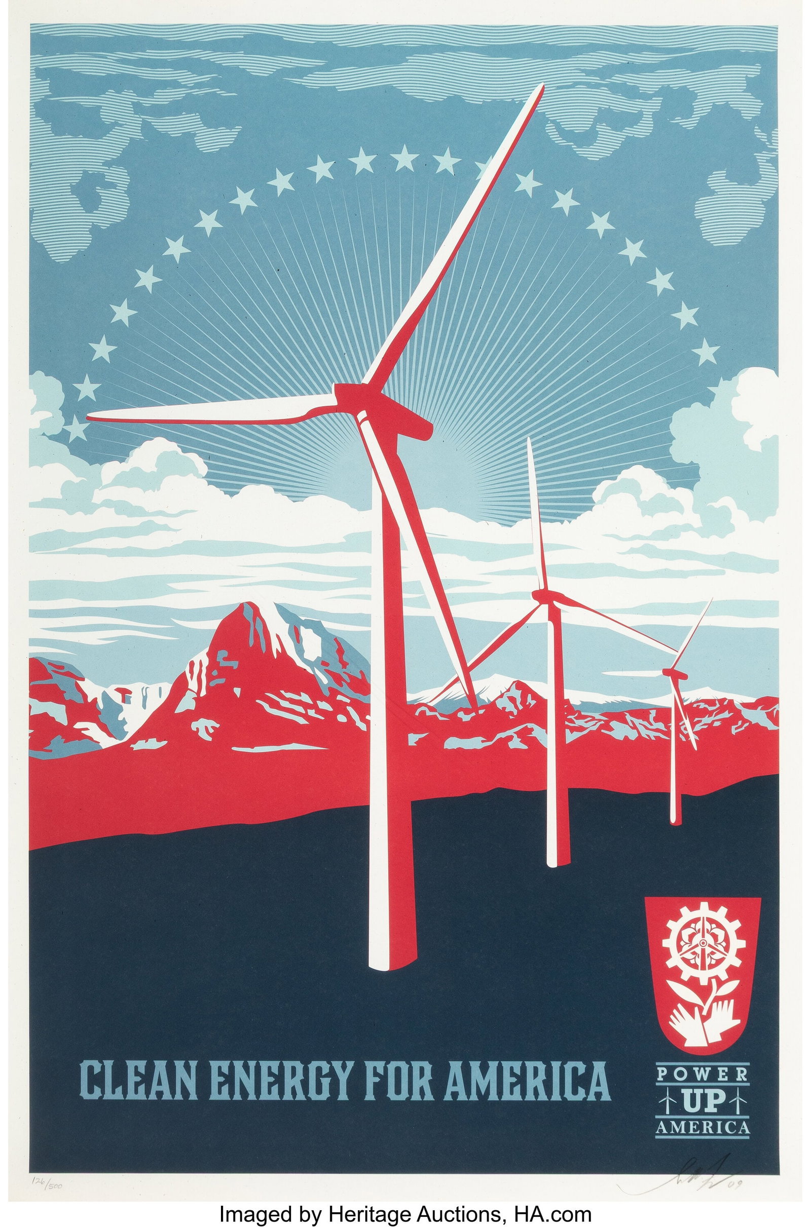 Shepard Fairey (1970) Power Up Windmill, 2009 Of: Shepard Fairey (1970) Power Up Windmill, 2009 Offset lithograph in colors on wove paper 36 x 24 inches (91.4 x 61.0 cm) (sheet) Ed. 126/500