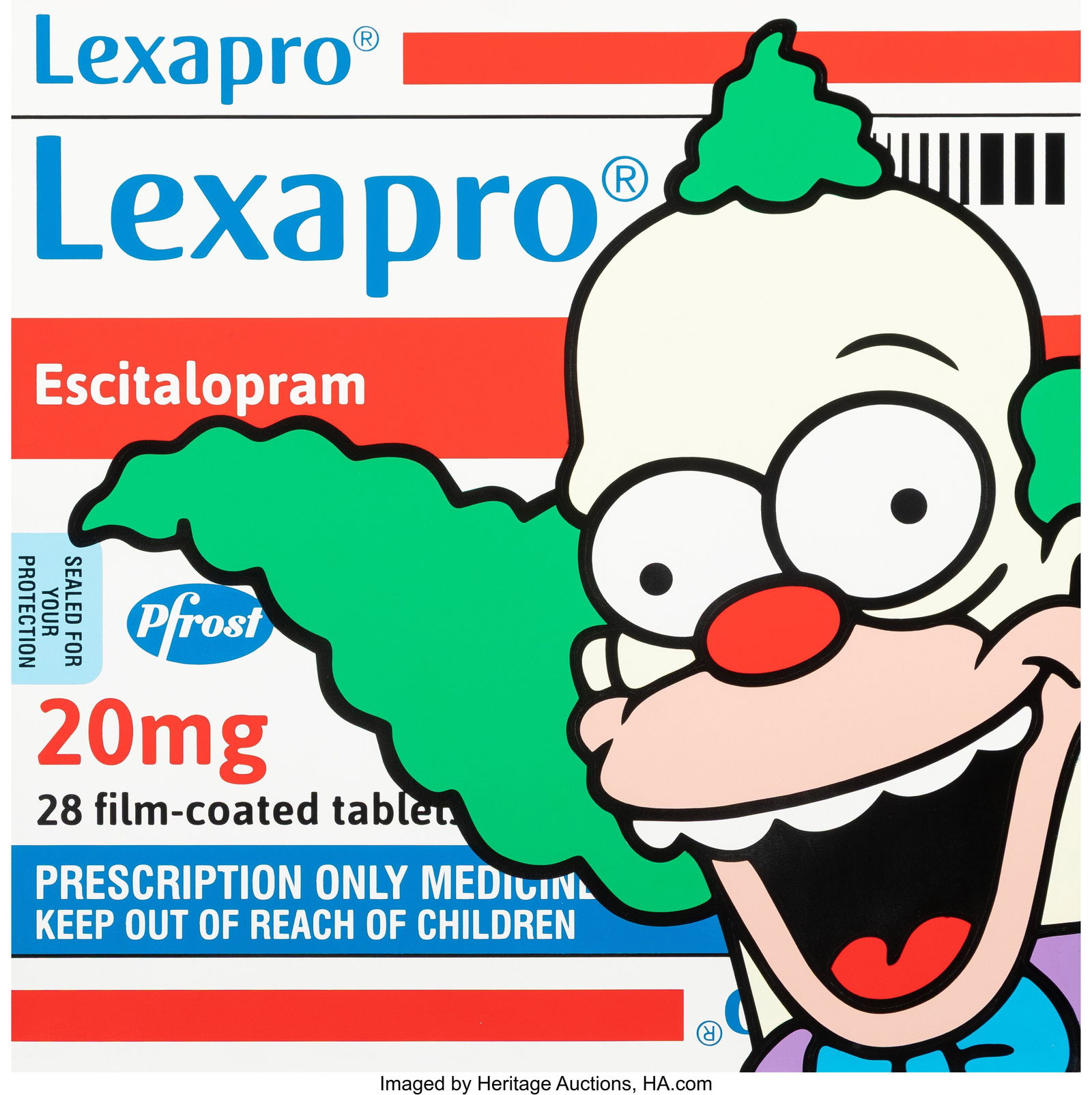 Ben Frost (b. 1975) Krusty On Lexapro, 2021 Acry: Ben Frost (b. 1975) Krusty On Lexapro, 2021 Acrylic and spray paint on wooden panel 19-3/4 x 19-5/8 inches (50.2 x 49.8 cm) Ed 2/3 Signed&com