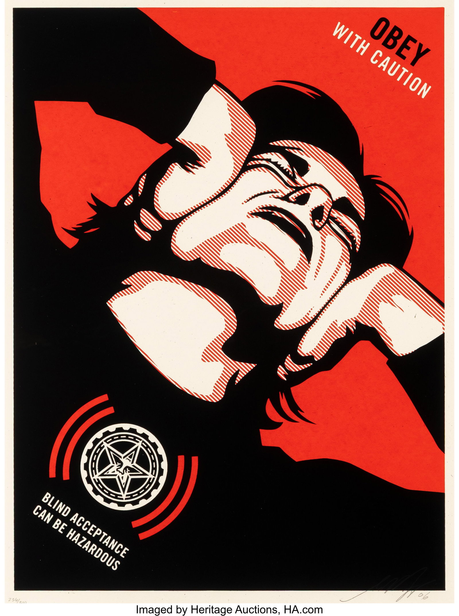 Shepard Fairey (b. 1970) Obey With Caution, 2006: Shepard Fairey (b. 1970) Obey With Caution, 2006 Screenprint in colors on Cream Speckletone paper 24 x 18 inches (61.0 x 45.7 cm) (sheet) Ed&pe
