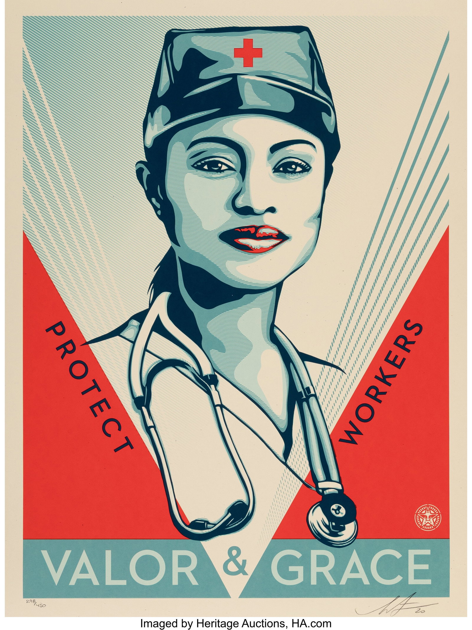 Shepard Fairey (b. 1970) Valor and Grace Nurse, : Shepard Fairey (b. 1970) Valor and Grace Nurse, 2020 Screenprint in colors on Cream Speckletone paper 24 x 18 inches (61.0 x 45.7 cm) (sheet) E