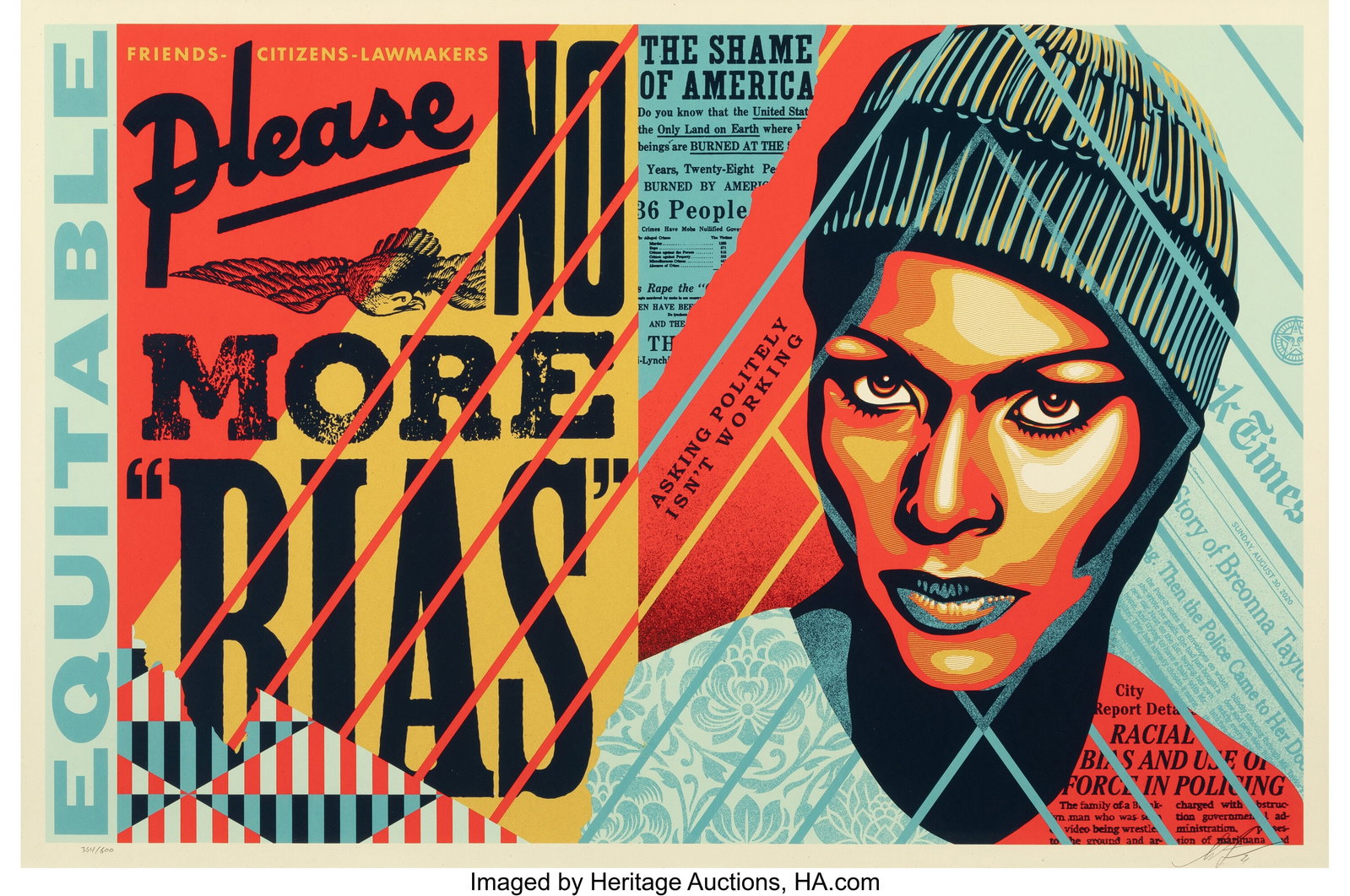Shepard Fairey (b. 1970) No More Bias, 2021 Scre: Shepard Fairey (b. 1970) No More Bias, 2021 Screenprint in colors on Cream Speckletone paper 24 x 36 inches (61.0 x 91.4 cm) (sheet) Ed.