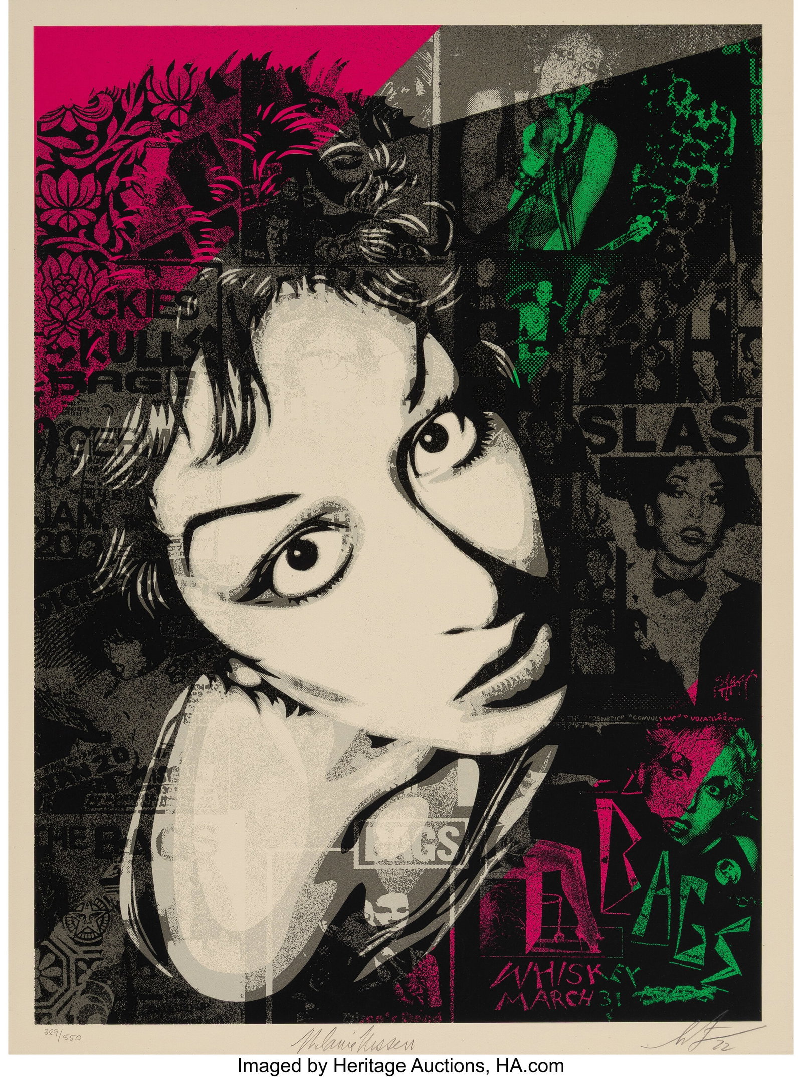 Shepard Fairey X Melanie Nissen Alice Bag, 2022 : Shepard Fairey X Melanie Nissen Alice Bag, 2022 Screenprint in colors on Cream Speckletone paper 24 x 18 inches (61.0 x 45.7 cm) (sheet) Ed. 389/550 