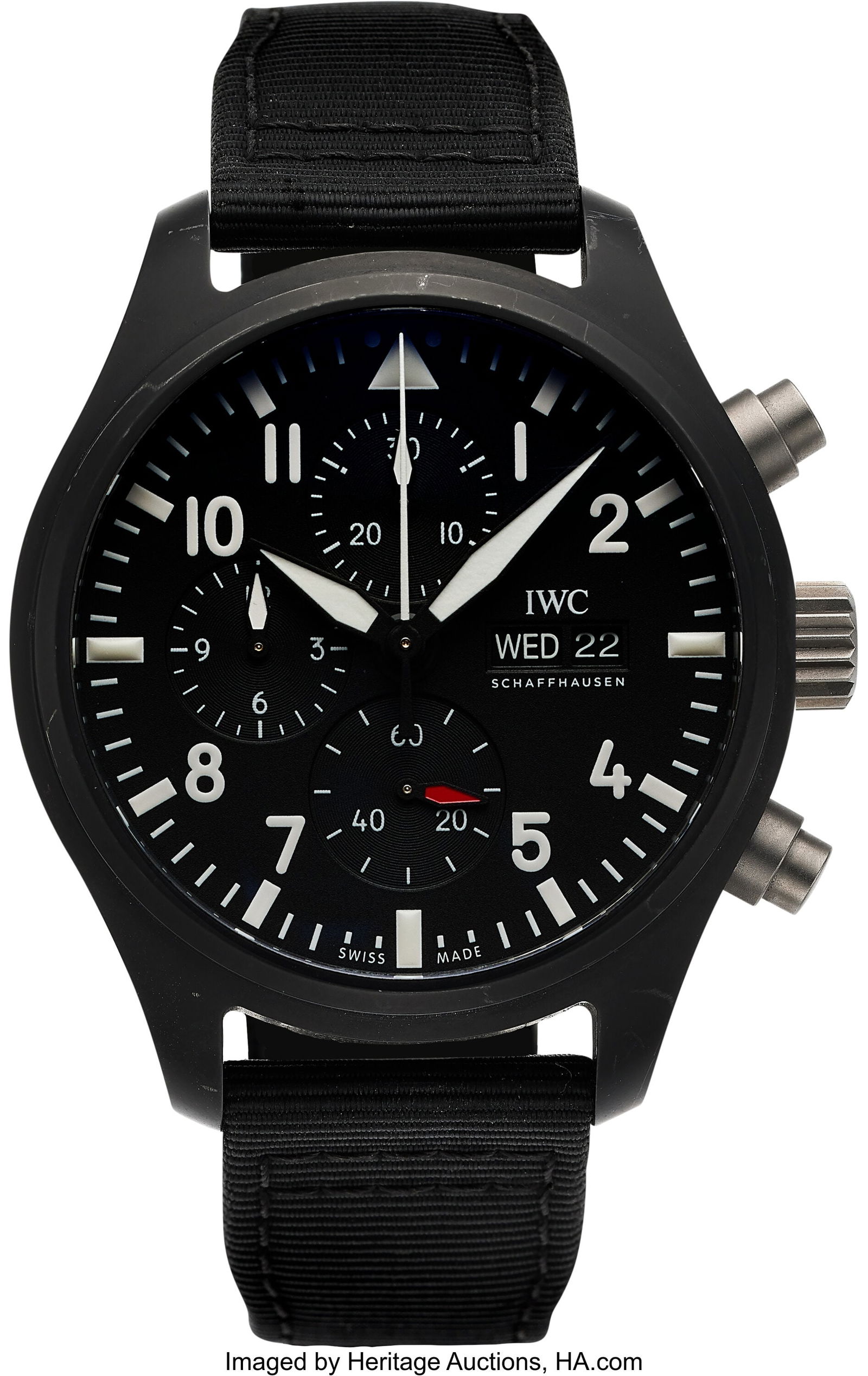 IWC Pilot Chronograph Top Gun Wrist Watch Ref. I: IWC Pilot Chronograph Top Gun Wrist Watch Ref. IW389401 Case: 44.5mm, Black ceramic, 3 body case with screw down back Dial: Black pilot dial with 3 sub dials and