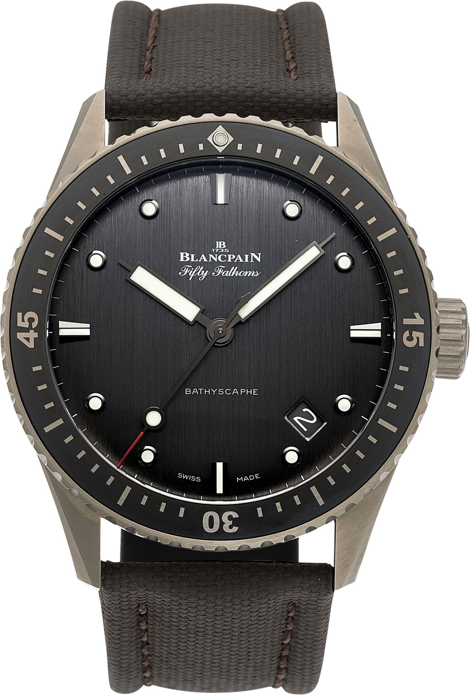 Blancpain Titanium Bathyscaphe Fifty Fathoms Wri: Blancpain Titanium Bathyscaphe Fifty Fathoms Wrist Watch With Box Ref. 5000 1210 G52A Case: 43mm, Titanium, 3 body case with exhibition case back Dial: Grey dial with lu