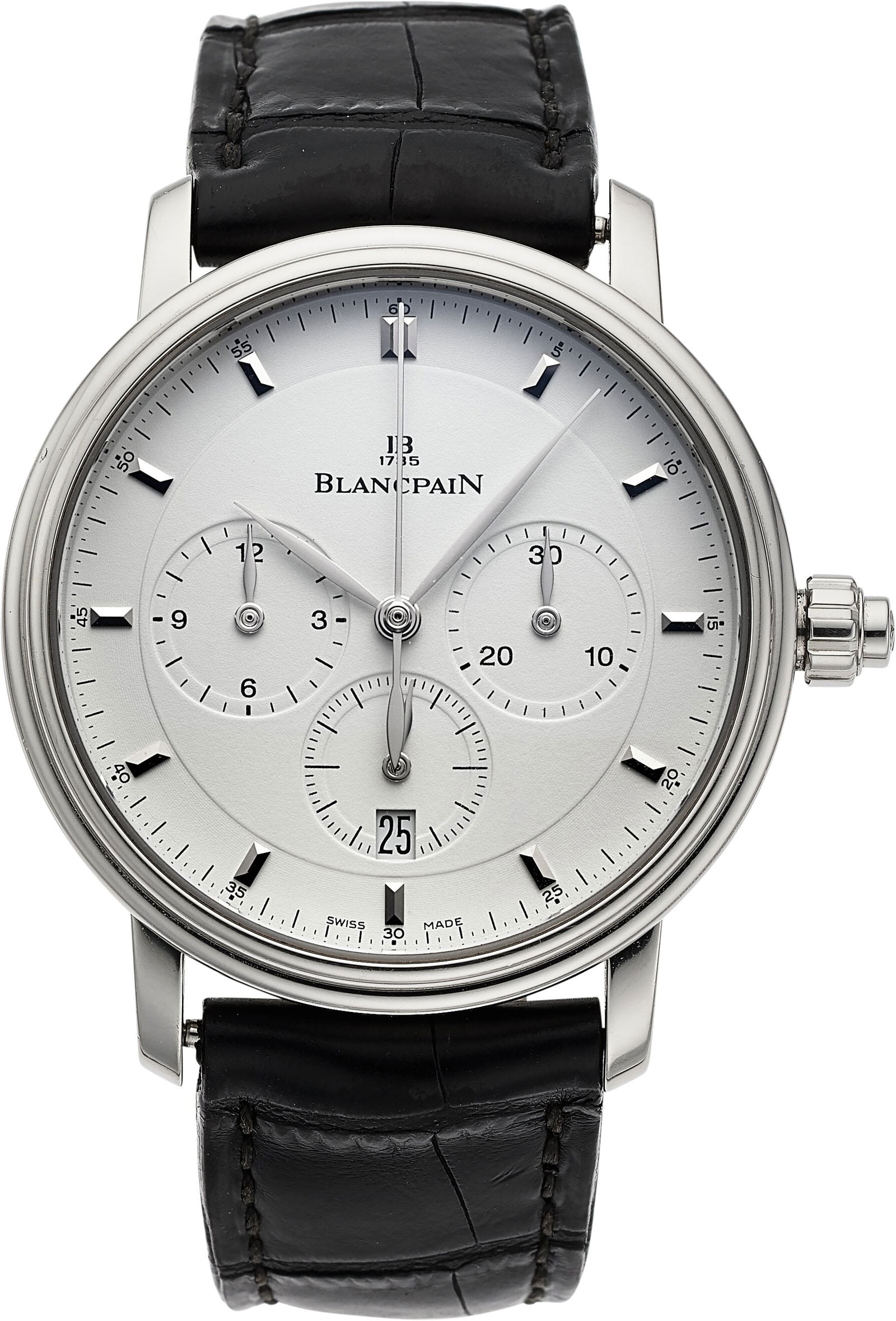 Blancpain Villeret Chronograph Stainless Steel W: Blancpain Villeret Chronograph Stainless Steel Wrist Watch Ref. 6185-1127-55b Case: 38mm, Stainless steel, 3 body case with exhibition case back Dial: White dial with 3