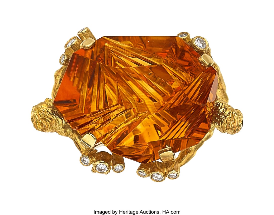 Julius Cohen Citrine, Diamond, Gold Ring Stones: Julius Cohen Citrine, Diamond, Gold Ring Stones: Munsteiner fantasy-cut citrine weighing 32.88 carats; full-cut diamonds weighing a total of 0.95 carat Metal&colon