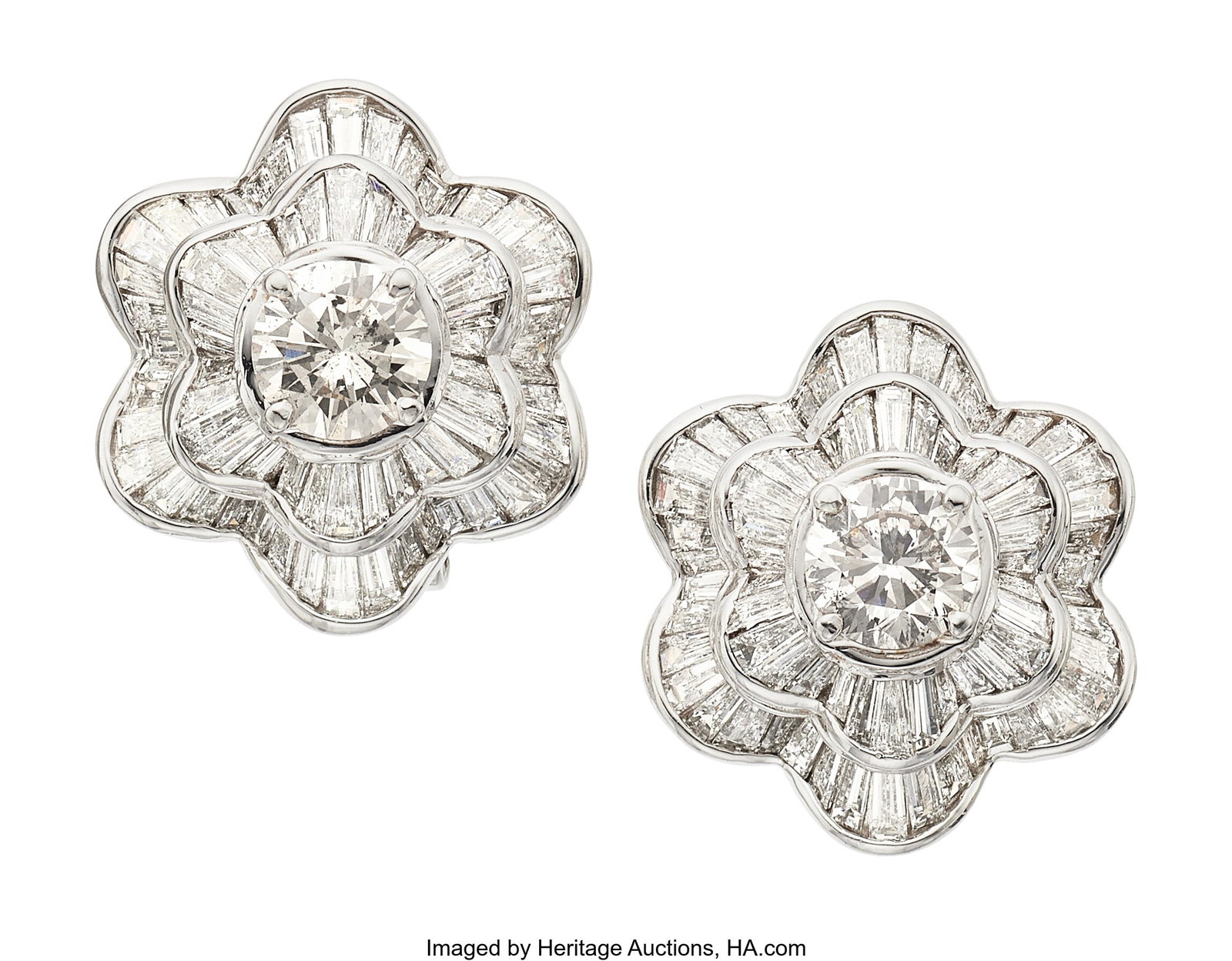 Diamond, Platinum Earrings Stones: Round brilli: Diamond, Platinum Earrings Stones: Round brilliant-cut diamonds weighing a total of 3.28 carats; baguette-cut diamonds weighing a total of 6.76 carats Metal: Plati