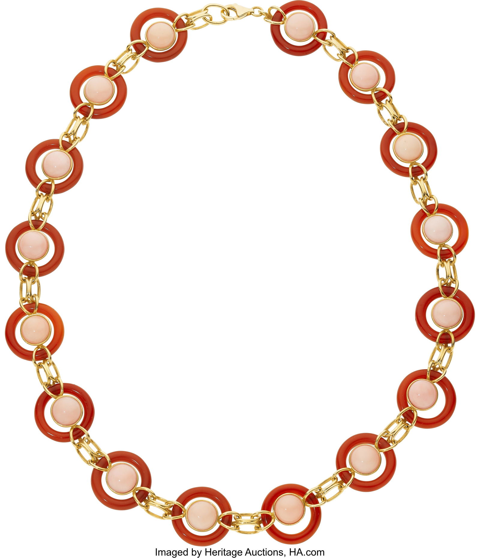 Coral, Agate, Gold Necklace Stones: Coral caboc: Coral, Agate, Gold Necklace Stones: Coral cabochons; agate hololiths Metal: 18k gold Gross Weight: 68.00 grams Dimensions: 20 inches x 3/4 inch NOTE