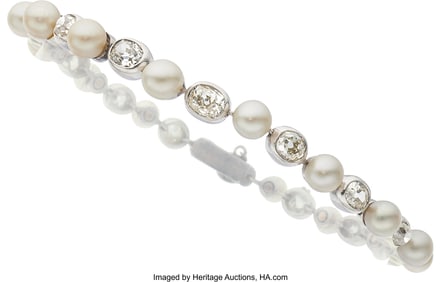 55266&colon; Natural Pearl&comma; Diamond&comma; Platinum&comma;  Gold Bracelet