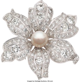 55270&colon; Cultured Pearl&comma; Diamond&comma; Platinum Brooch  Stones