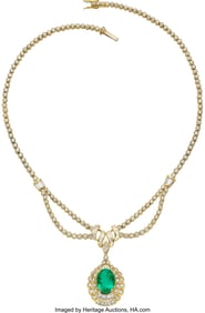 55353&colon; Colombian Emerald&comma; Diamond&comma;  Gold Pendant-Neckla