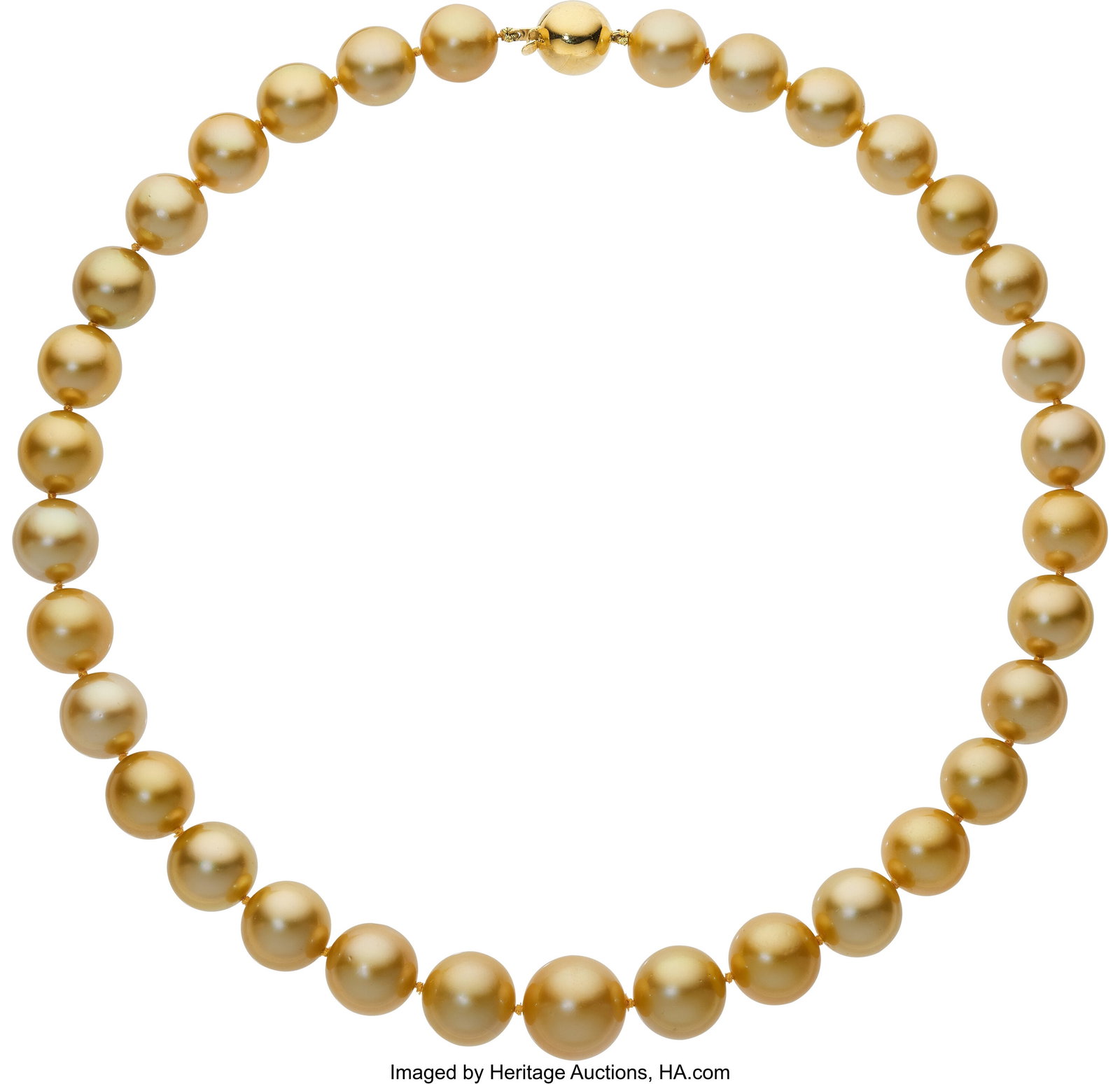 Golden South Sea Cultured Pearl, Gold Necklace : Golden South Sea Cultured Pearl, Gold Necklace Pearls: Golden South Sea cultured pearls measuring 12.00 mm - 15.00 mm Metal: 18k gold Gross Weight: 101.50 