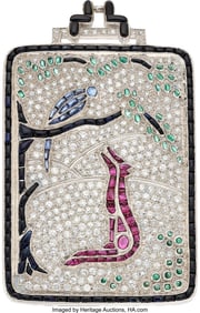 55284&colon; Diamond&comma; Multi-Stone&comma; White Gold Pendant-Brooch 