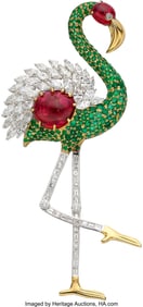 55063&colon; Burma Spinel&comma; Emerald&comma; Diamond&comma; Gold Brooch   St