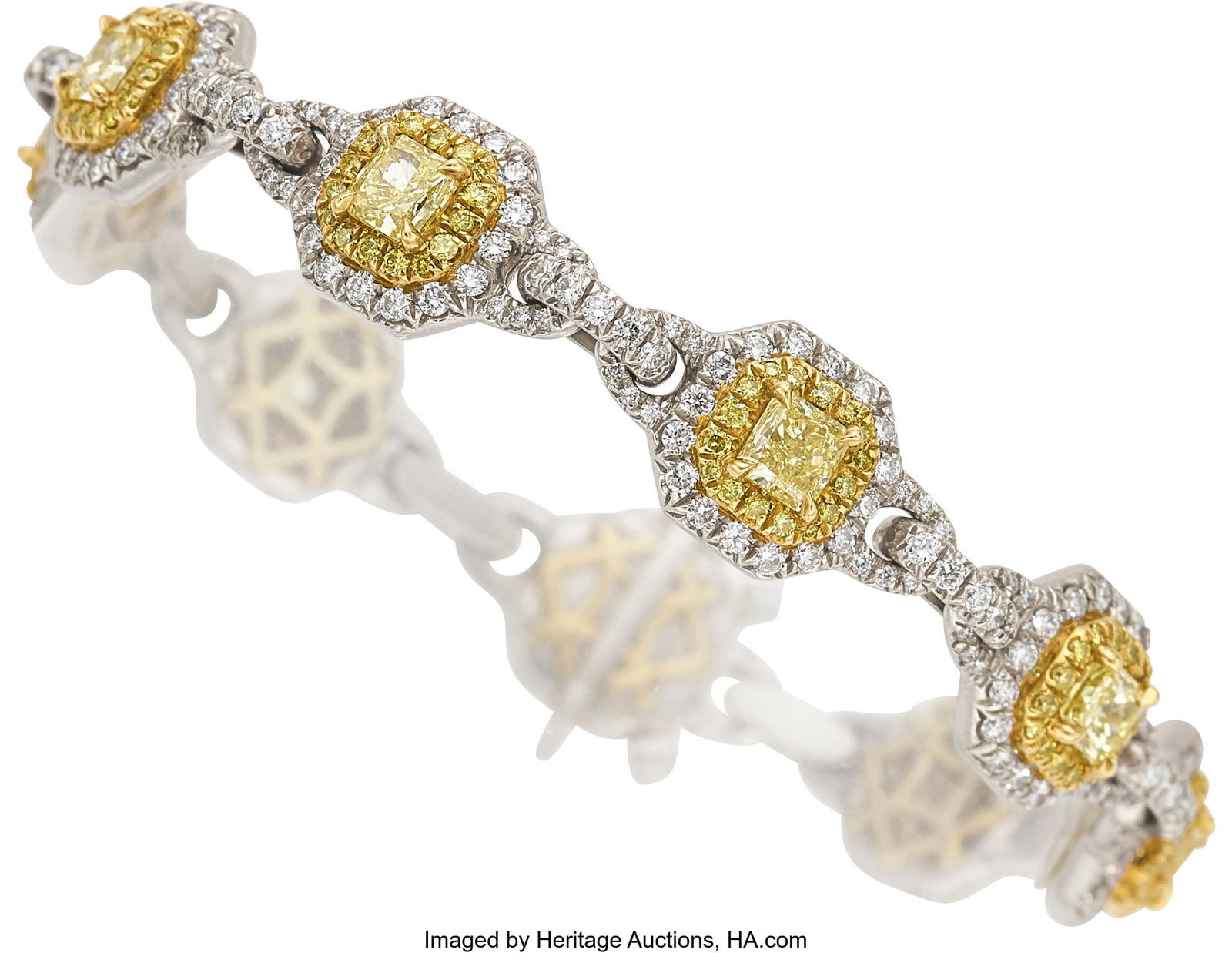 Charles Krypell Colored Diamond, Diamond, Plati: Charles Krypell Colored Diamond, Diamond, Platinum, Gold Bracelet Stones: Radiant-cut colored diamonds weighing a total of approximately 4.55 carats; full-cut color