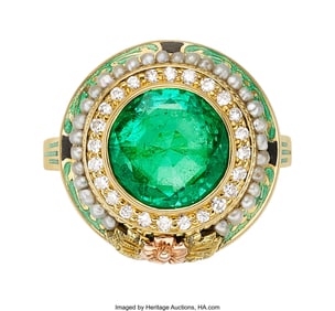 55292&colon; Colombian Emerald&comma; Seed Pearl&comma; Enamel&comma; Gold Ring