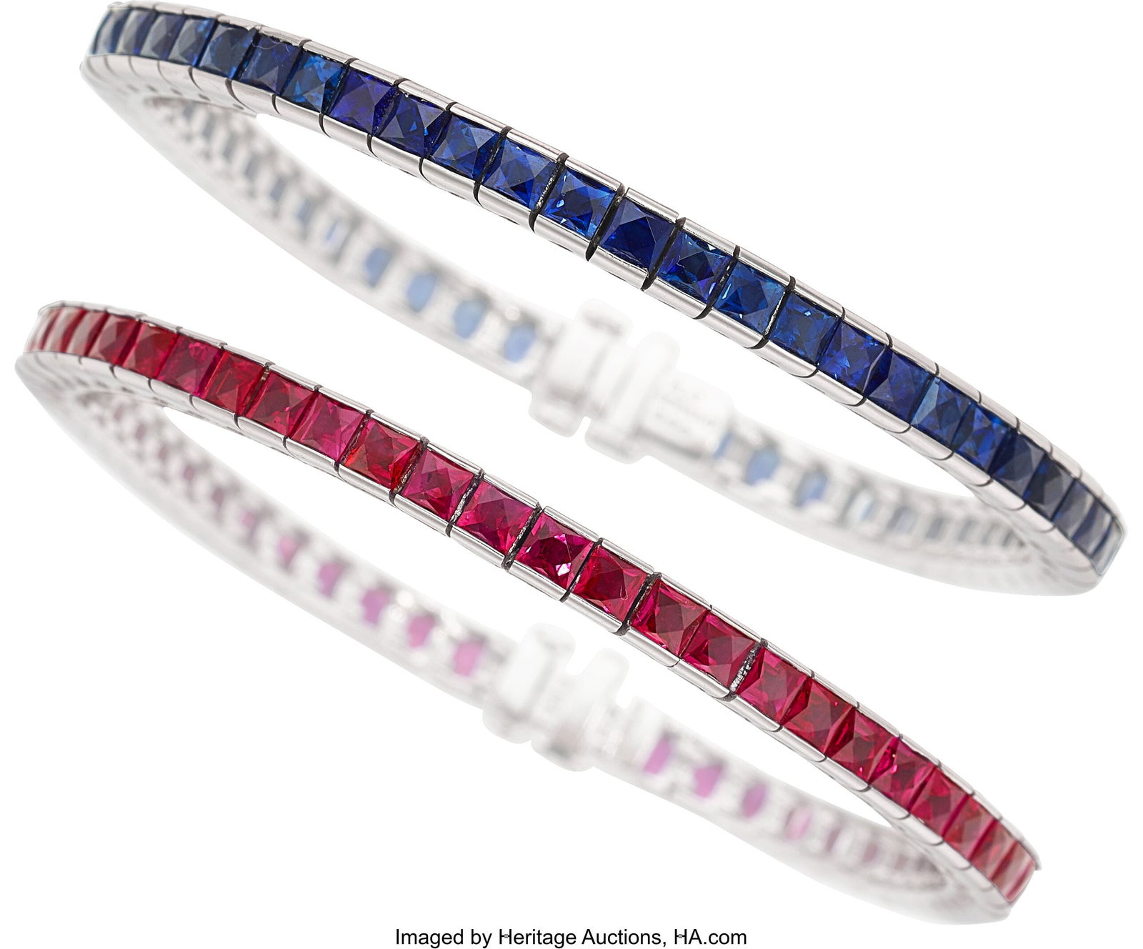 Sophia D. Ruby, Sapphire, Platinum Bracelets St: Sophia D. Ruby, Sapphire, Platinum Bracelets Stones: French-cut rubies and sapphires Metal: Platinum Marked: Sophia D Gross Weight: 49.05 grams Dimens