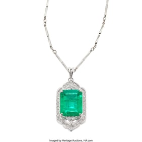 55377&colon; Colombian Emerald&comma; Diamond&comma; Platinum  Pendant-Ne