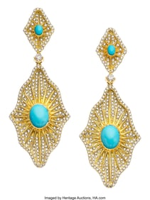 55381&colon; Turquoise&comma; Diamond&comma; Gold Earrings  Stones&colon; Turqu