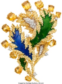 55321&colon; Diamond&comma; Citrine&comma; Enamel&comma; Gold Pendant-Brooch  S