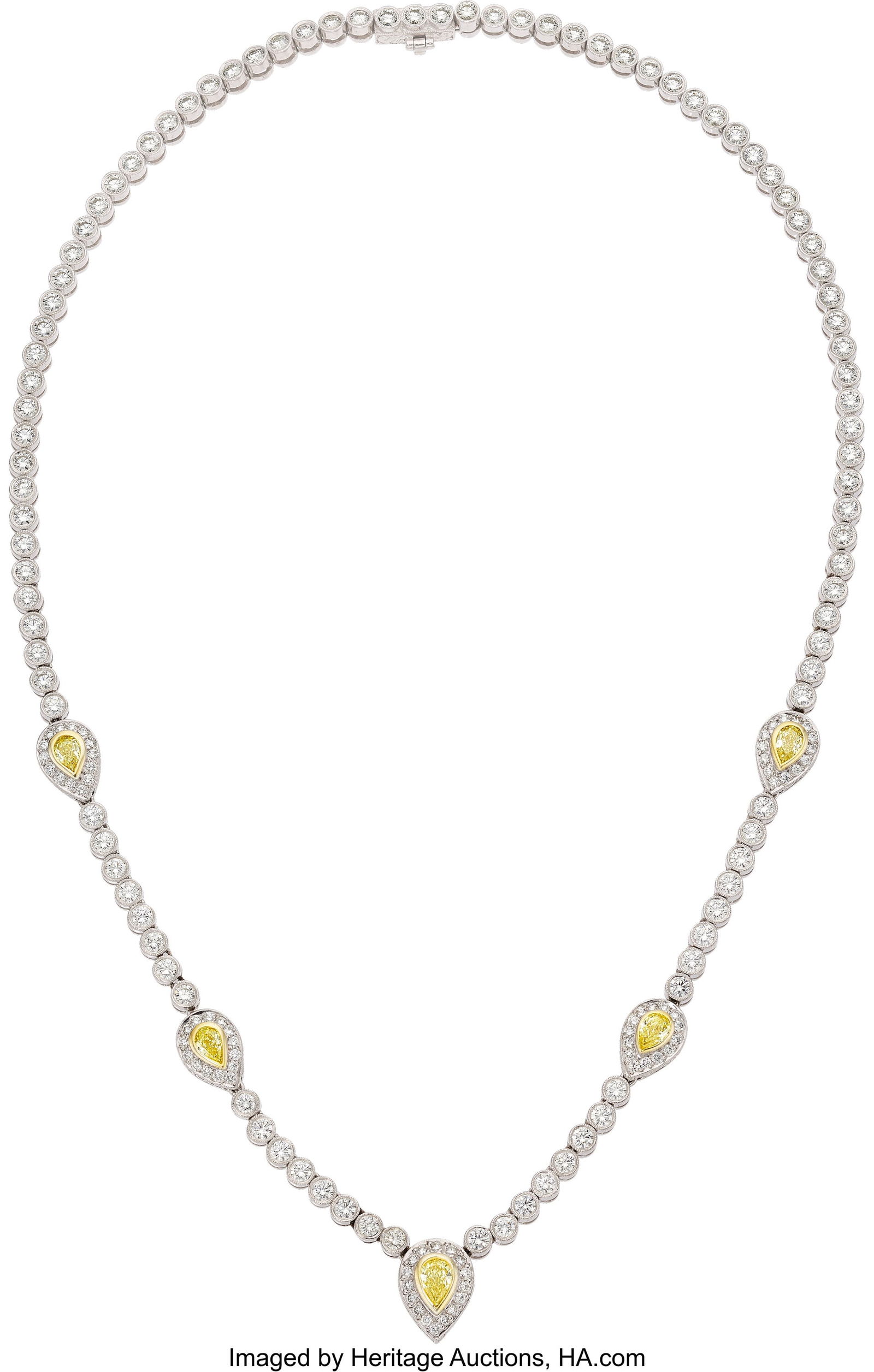 Michael Beaudry Colored Diamond, Diamond, Platin: Michael Beaudry Colored Diamond, Diamond, Platinum, Gold Necklace Stones: Pear-shaped colored diamonds weighing a total of approximately 1.50 carats; full-cut near-