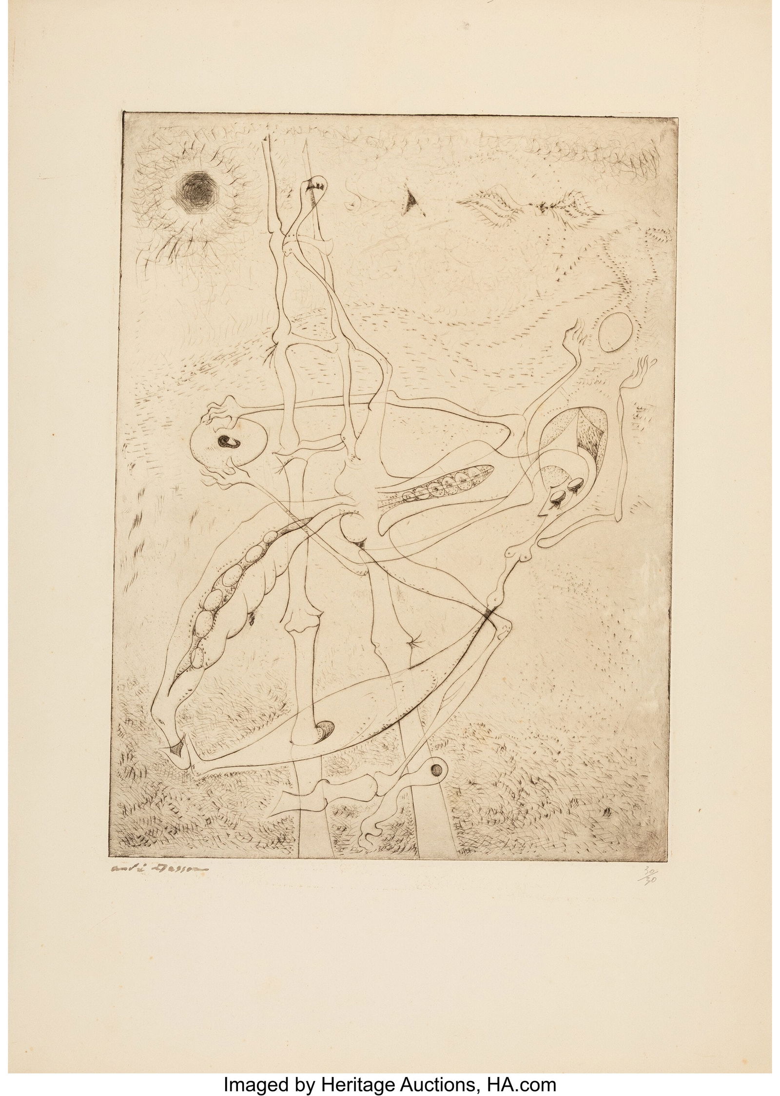 André Masson (French, 1896-1987) Le génie de l: André Masson (French, 1896-1987) Le génie de l'espèce, 1942 Drypoint and engraving on wove paper 21 x 15 inches (53.3 x 38.1 cm) (sheet) Ed. 30/30 Signed in ink and editioned in pencil along lower