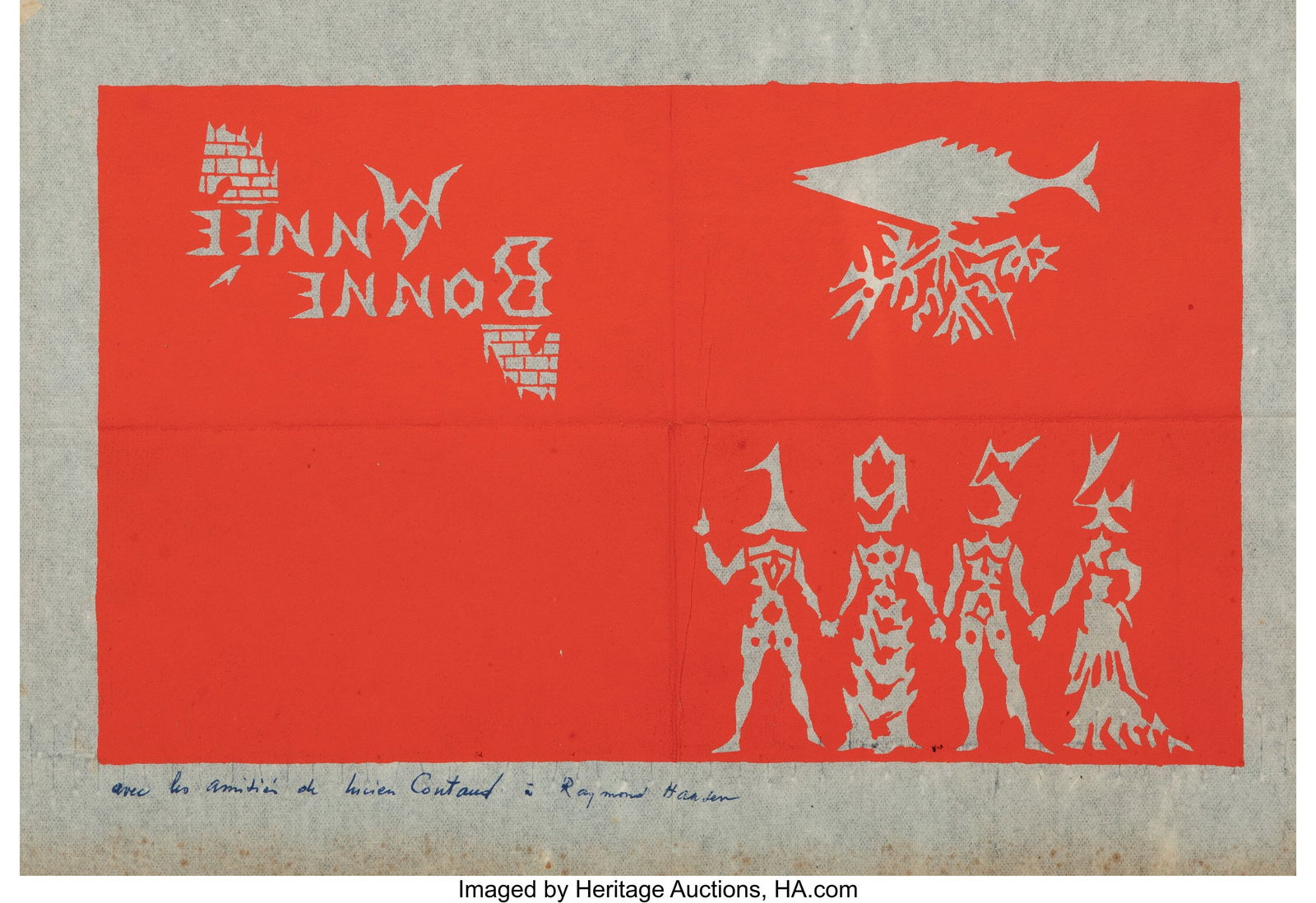 Oscar Dominguez (Spanish, 1906-1957) Bonne Anné: Lucien Coutaud (French, 1904-1977) Bonne Année (Christmas Card), 1954 Linocut in color on thin wove paper 9-1/8 x 13-3/8 inches (23.2 x 34.0 cm) (sheet) Inscribed in blue ink along lower edge Propert