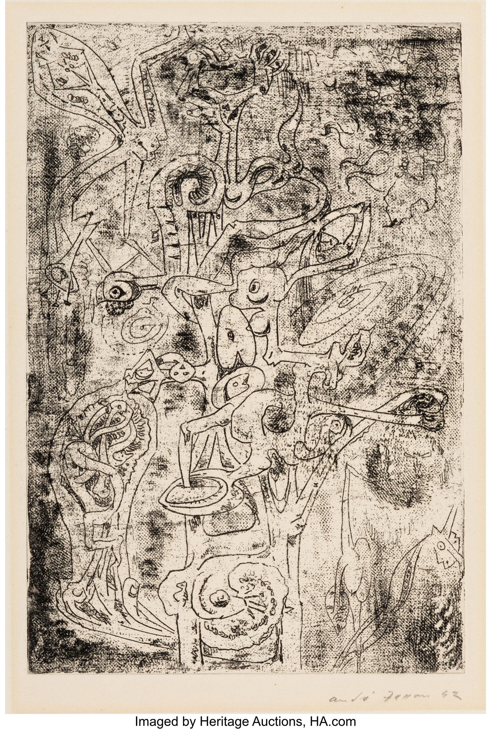 André Masson (French, 1896-1987) Les fruits de: André Masson (French, 1896-1987) Les fruits de l'abîne, from Album VVV, 1942 Soft-ground etching on Umbria paper 16-1/2 x 12 inches (41.9 x 30.5 cm) (sheet) Edition of 20 (50 intended) Signed and da