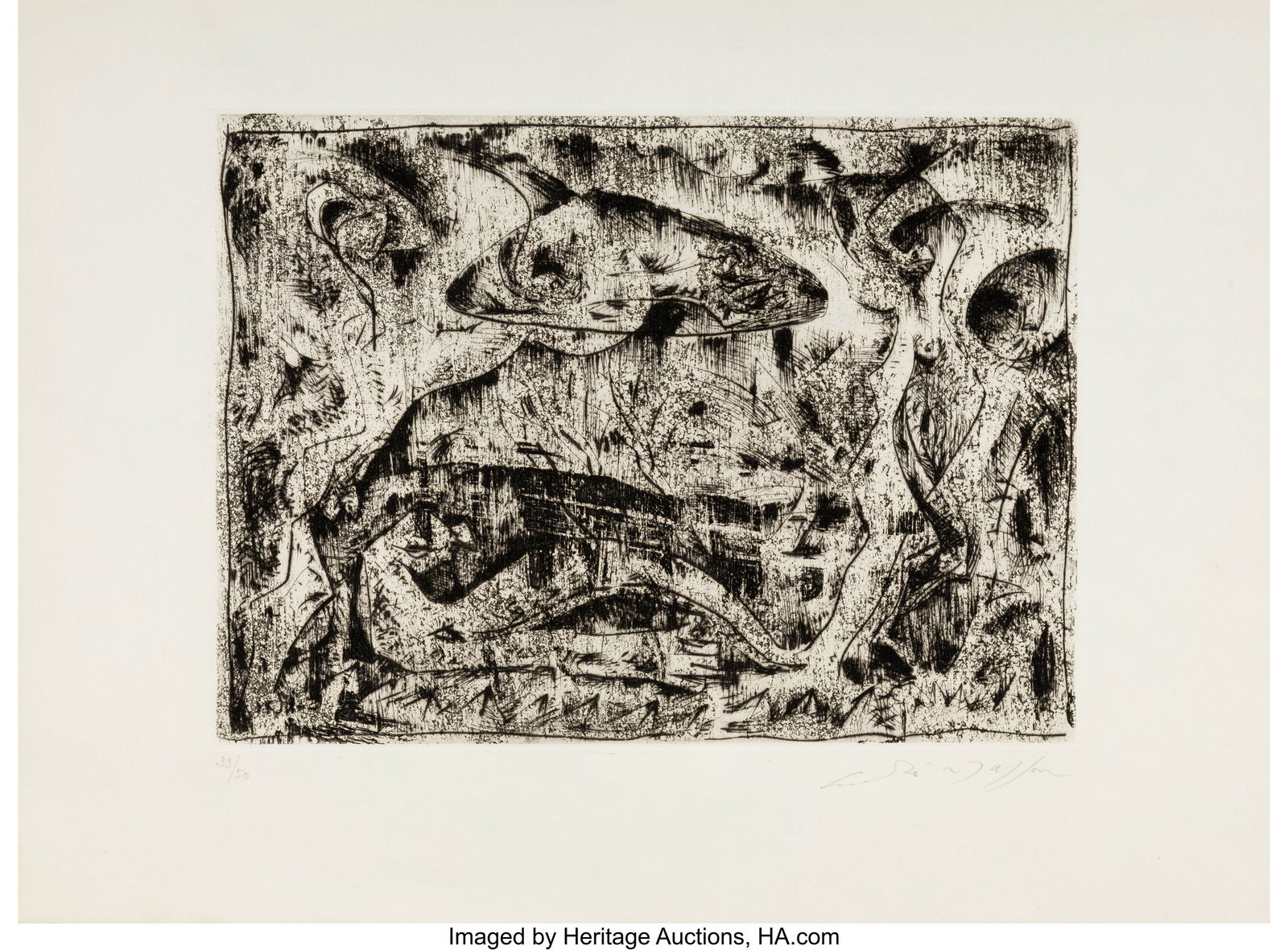 André Masson (French, 1896-1987) Metamorphosis,: André Masson (French, 1896-1987) Metamorphosis, 1961 Drypoint with aquatint in gold metallic ink on laid paper 12-3/4 x 17-1/4 inches (32.4 x 43.8 cm) (sheet) Ed. 39/50 Signed and editioned in pencil