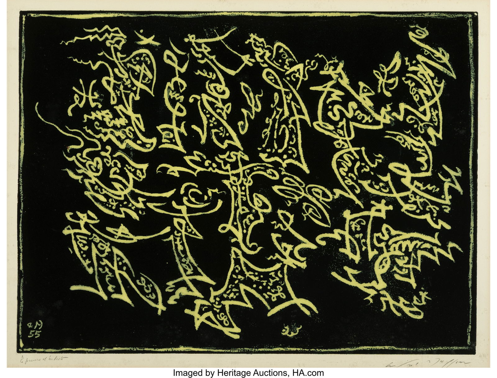 André Masson (French, 1896-1987) Untitled, 1955: André Masson (French, 1896-1987) Untitled, 1955 Aquatint in colors on wove paper 18-7/8 x 24-3/4 inches (47.9 x 62.9 cm) (sight) Épreuve d'artiste Signed and editioned in pencil along lower edge; ad