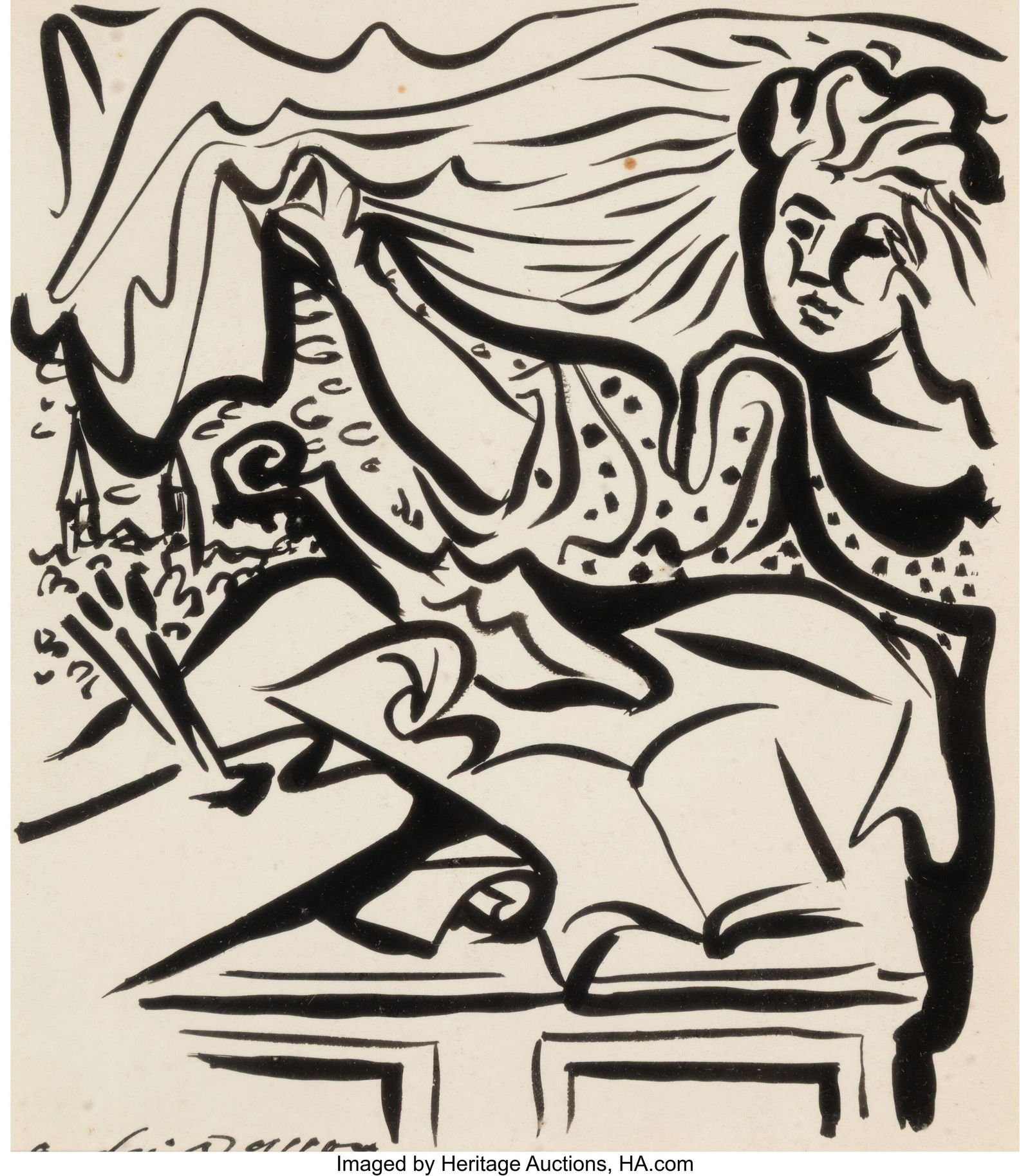 André Masson (French, 1896-1987) Allégorie des: André Masson (French, 1896-1987) Allégorie des Arts, circa 1945 Pen and India ink on paper 8-1/2 x 7-1/4 inches (21.6 x 18.4 cm) (sight) Signed in ink lower left: andré masson Property from the Col