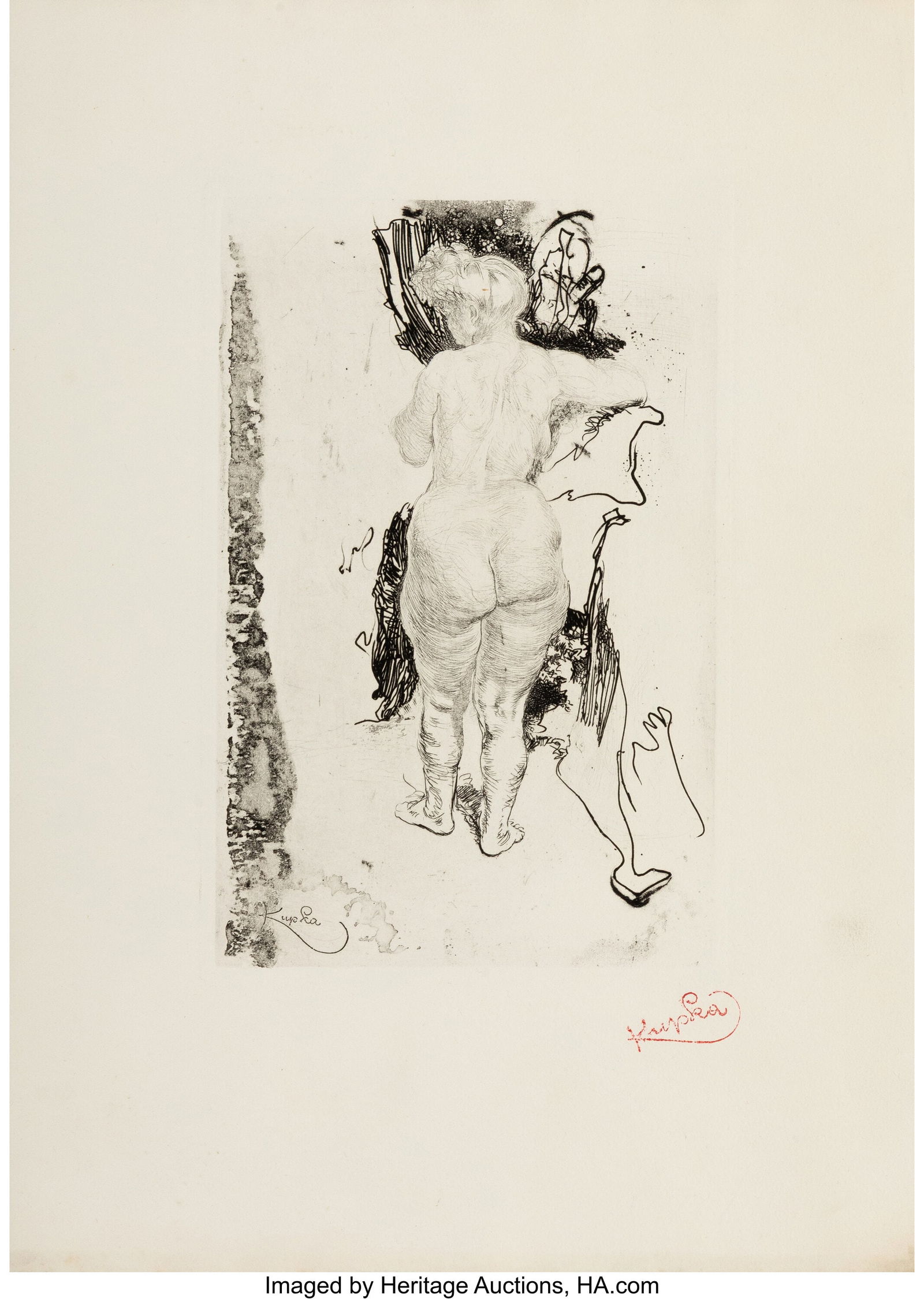 Frantisek Kupka (Czech, 1871-1957) Nude from Beh: Frantisek Kupka (Czech, 1871-1957) Nude from Behind, 1905 Etching with aquatint on Arches paper 15 x 10-7/8 inches (38.1 x 27.6 cm) (sheet) Stamped in red ink lower right: Kupka; additionally signed i