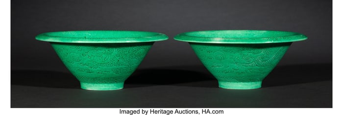 78090&colon; A Rare Pair of Chinese Green-Glazed Incised 'Dra