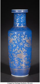 78101&colon; A Chinese Powder Blue Glazed Rouleau Vase with G