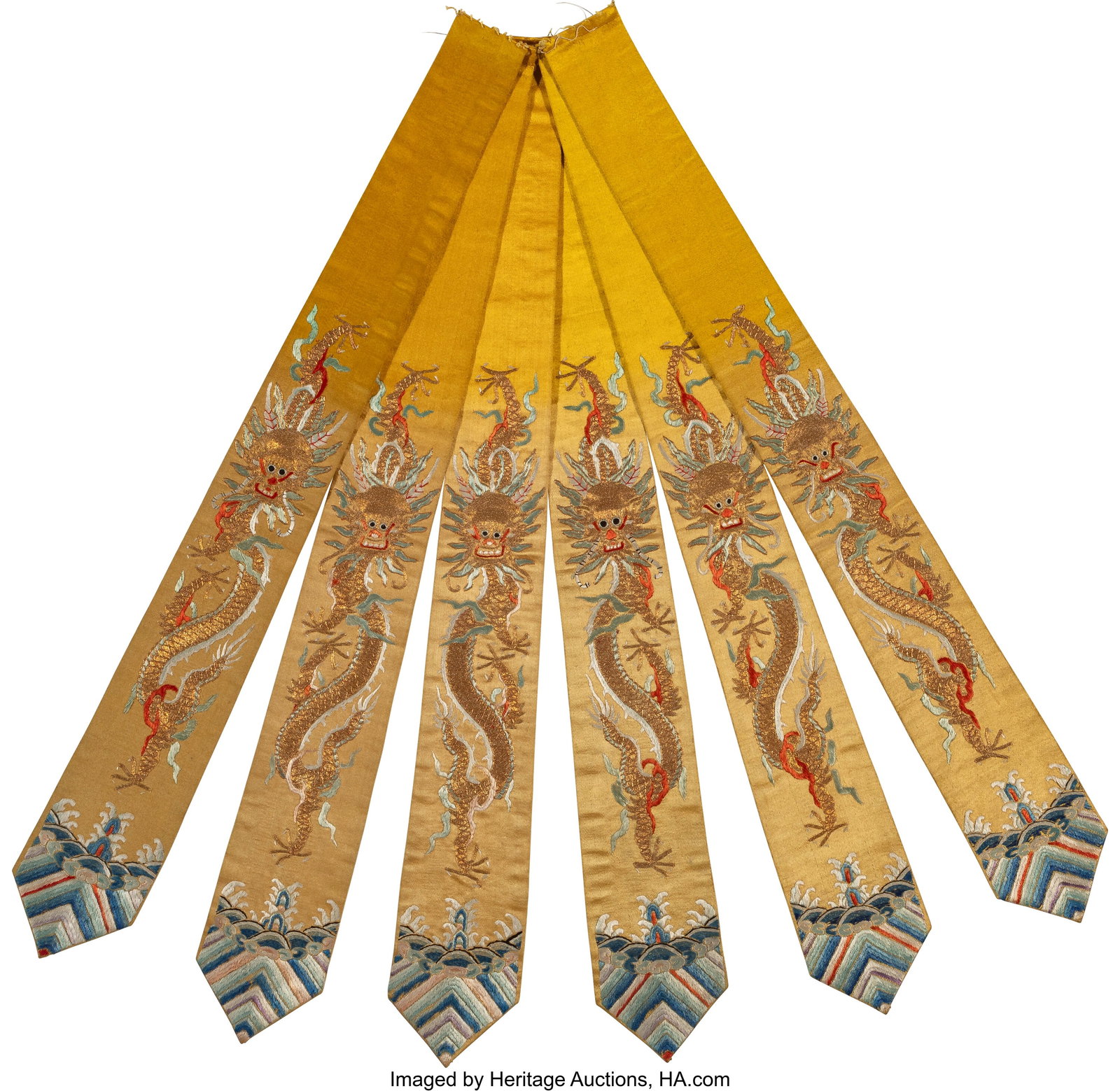 A Group of Six Chinese Yellow-Ground Embroidered: A Group of Six Chinese Yellow-Ground Embroidered Silk 'Dragon' Banners, Qing dynasty 23-5/8 x 3-1/8 inches (60.0 x 7.9 cm) (each) Property from the Esta