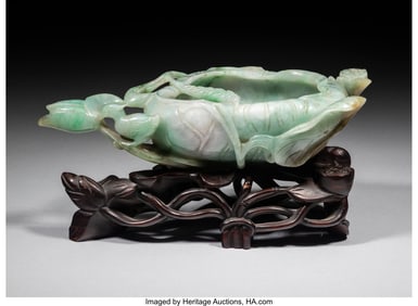 27049: A Chinese Carved Jadeite Brush Washer with Stand