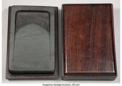 27076: A Chinese Carved Inkstone Accompanied by Fitted