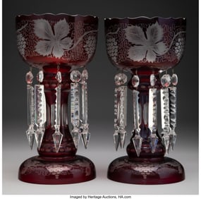 27010: A Pair of Etched Cranberry Glass Lusters 12-1/8