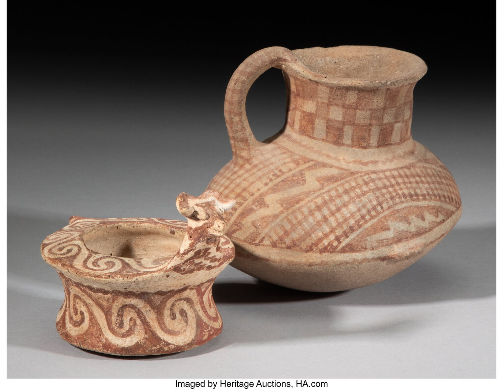 Two Hohokam Red-on-Buff Vessels c. 200 BC - 14: Two Hohokam Red-on-Buff Vessels c. 200 BC - 1450 AD Including a small bowl with an animal effigy rising up from the rim, scrolls overall; and a pitcher in the form of a stylized duck