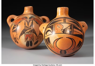 70129&colon; Two Hopi Polychrome Canteens  c&period; 1950  Each pain