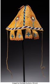 70179&colon; An Apache Beaded Hide Cap  c&period; 1880  Of circular 