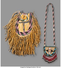 70186&colon; Two Apache Beaded Hide Pouches  c&period; 1890 and 1900