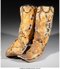 70198&colon; A Pair of Apache Beaded Hide Boot Moccasins  c&period; 